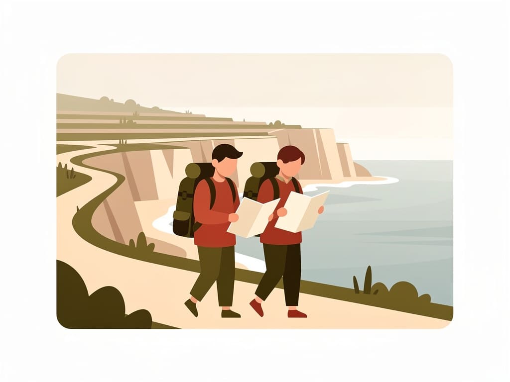 Viaggiatori con zaini e mappa lungo un sentiero costiero italiano
